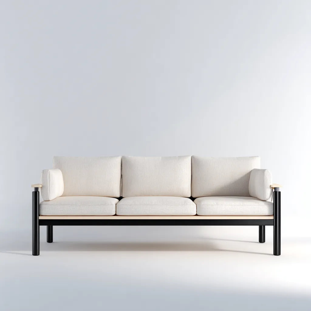 Divano Da Esterno All'Aperto 205×80×76 cm – metallo nero legno marrone chiaro e tessuto beige chiaro – linea aperta tre posti
