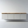 Mobile TV sospeso 220×40×60 cm in pannello bianco e legno chiaro - design lineare con contenimento chiuso