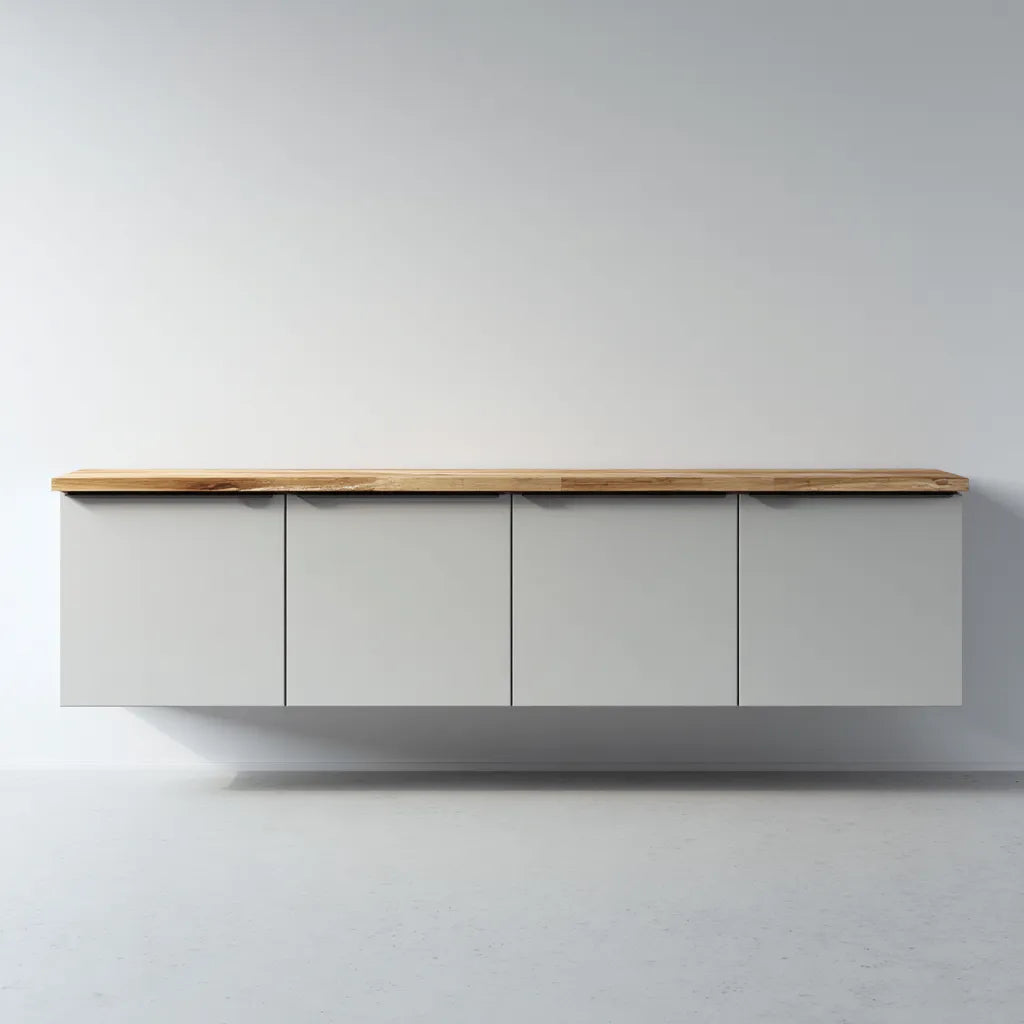 Mobile TV sospeso 220×40×60 cm in pannello bianco e legno chiaro - design lineare con contenimento chiuso