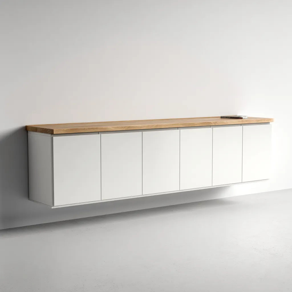 Mobile Tv Soggiorno sospeso 200×42×48 cm – bianco opaco e rovere naturale – struttura lineare salvaspazio