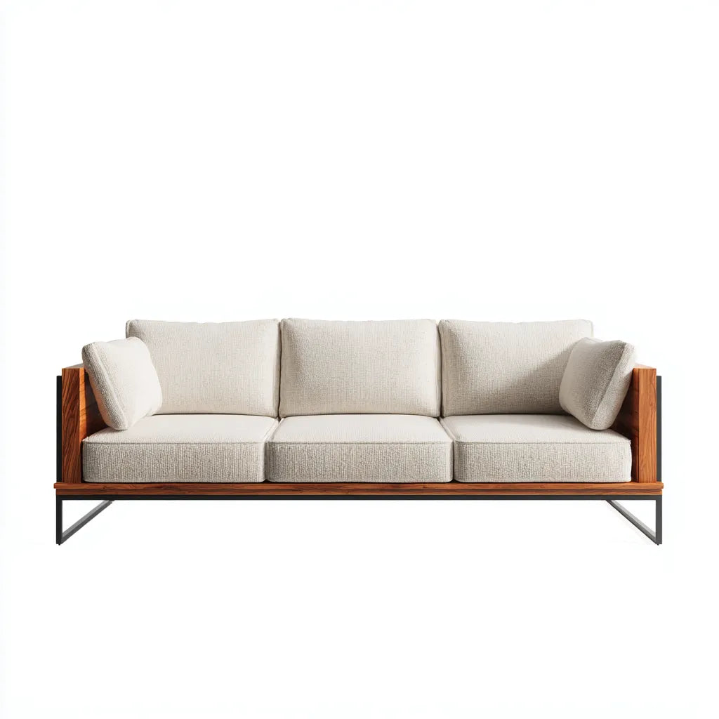 Divano Da Esterno All'Aperto 210×82×78 cm – legno marrone metallo nero e tessuto beige chiaro – tre posti moderno