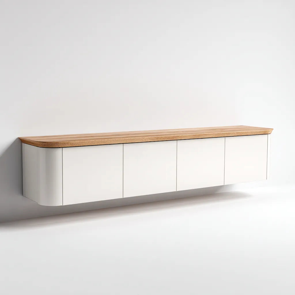 Mobile Tv Soggiorno sospeso 220×40×50 cm – bianco caldo e rovere chiaro – profilo orizzontale moderno