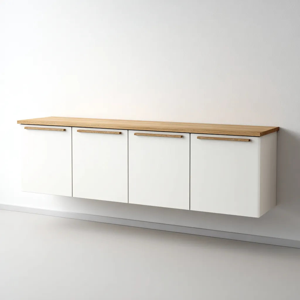 Mobile TV sospeso 220×42×60 cm - bianco e legno - design lineare con vano contenitore