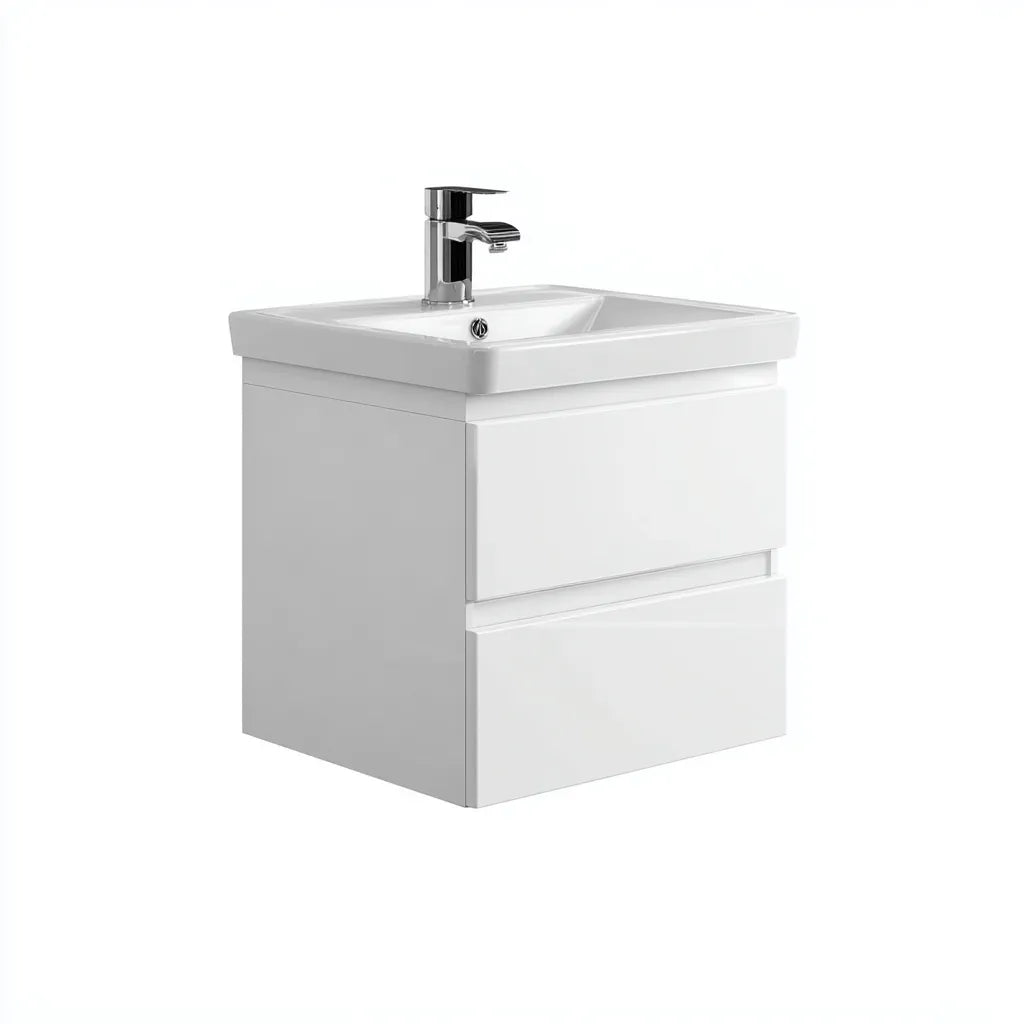 Mobile lavabo sospeso 80×46×55 cm in legno marrone e ceramica bianca - design moderno salvaspazio