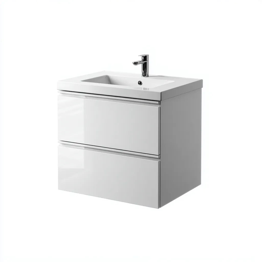 Mobile Bagno sospeso con Lavabo 70×47×61 cm – ceramica bianca e finitura lucida – stile lineare salvaspazio