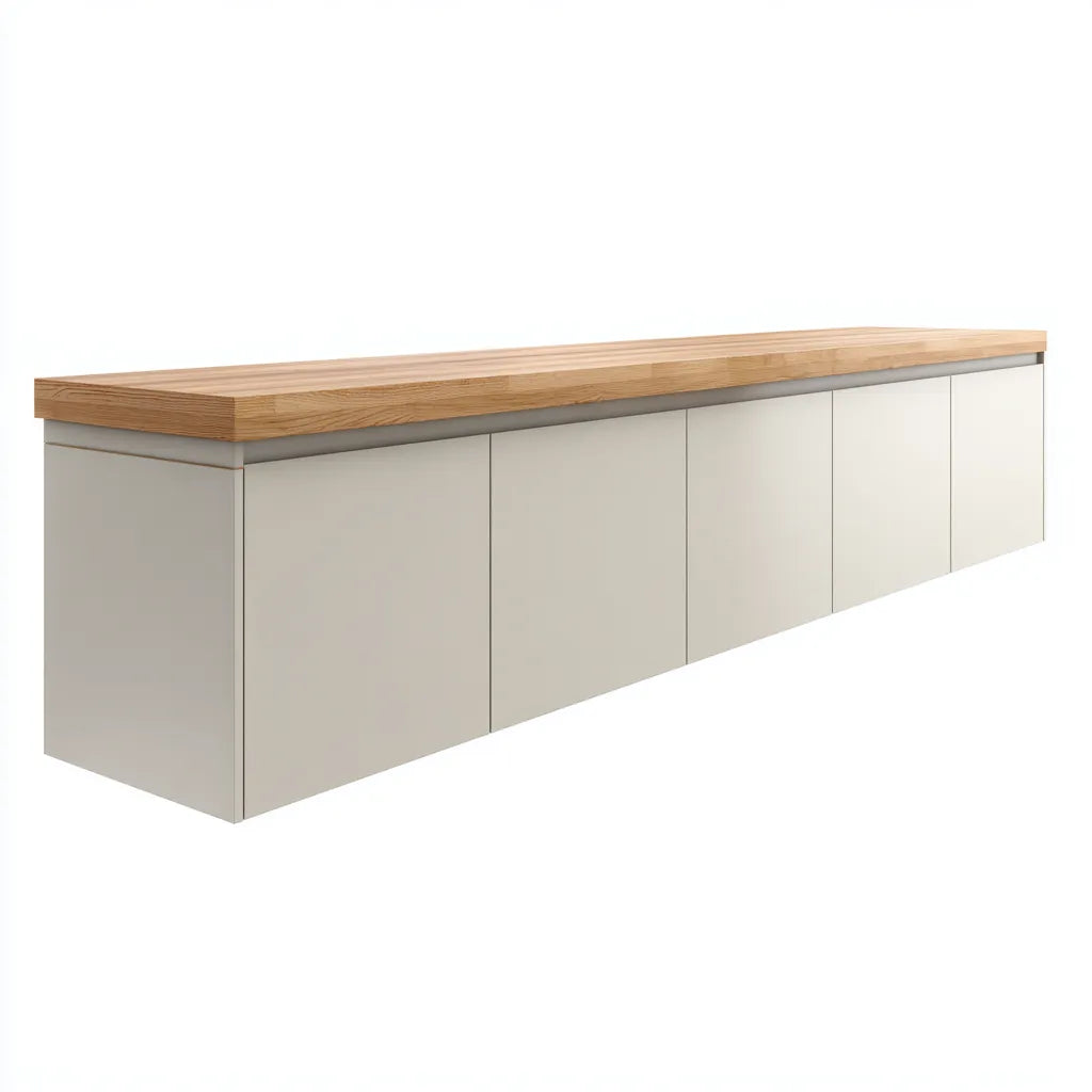 Mobile TV sospeso 180×32×30 cm - bianco e legno chiaro - design lineare per soggiorno