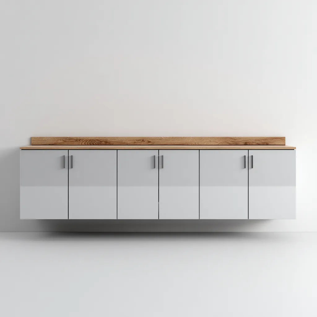 Mobile TV sospeso 180×42×58 cm in pannello bianco con piano legno chiaro - soluzione compatta per soggiorno moderno